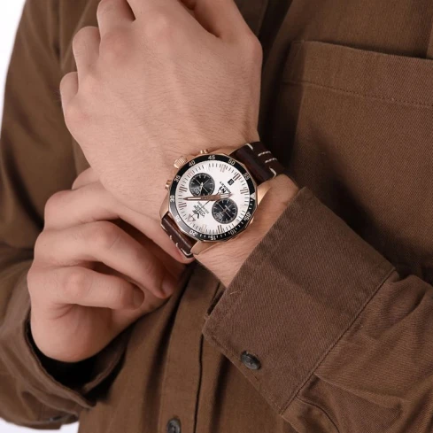 Мъжки ръчен часовник с кварцов механизъм - корпус от Стомана - Естествена кожа - цвят Бял Кафяв