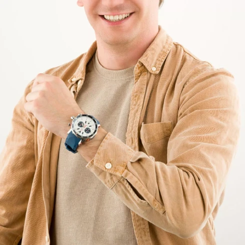 Мъжки ръчен часовник с кварцов механизъм - корпус от Стомана - Силиконова каишка - цвят Бял Син