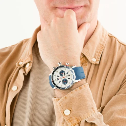 Мъжки ръчен часовник с кварцов механизъм - корпус от Стомана - Силиконова каишка - цвят Бял Син