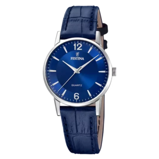 Дамски ръчен часовник с кварцов механизъм - корпус от Стомана - Естествена кожа - цвят Син Син