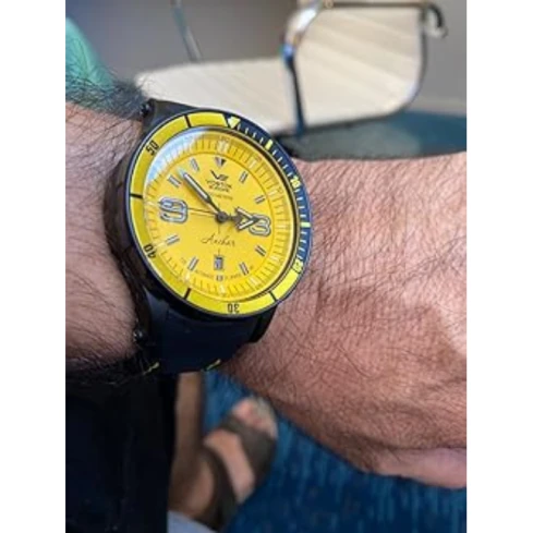 Мъжки ръчен часовник с автоматичен механизъм - корпус от Стомана - Естествена кожа - цвят Жълт Жълт