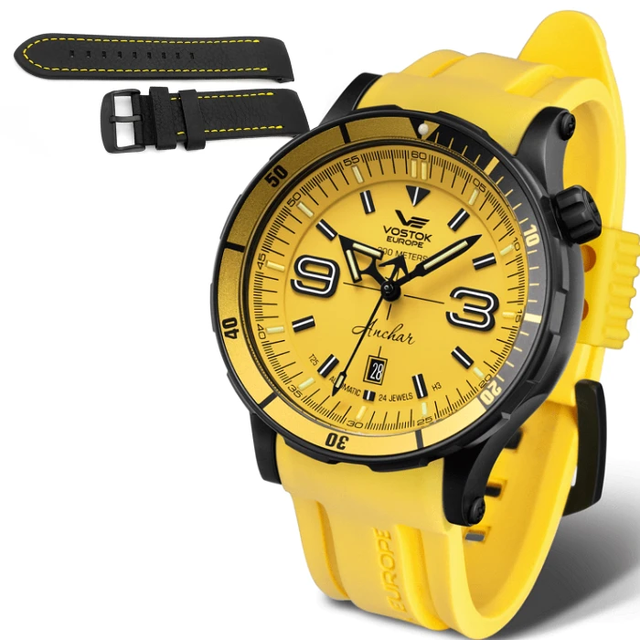 Мъжки ръчен часовник с автоматичен механизъм - корпус от Стомана - Естествена кожа - цвят Жълт Жълт