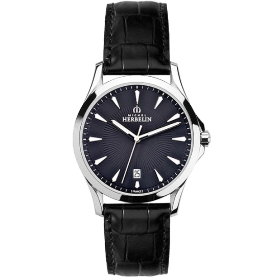 Мъжки ръчен часовник с кварцов механизъм - корпус от Стомана - Естествена кожа - цвят Черен Черен