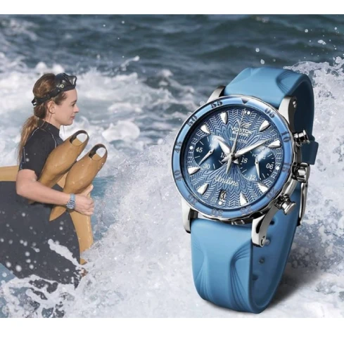 Дамски ръчен часовник с кварцов механизъм - корпус от Стомана - Естествена кожа - цвят Син Син