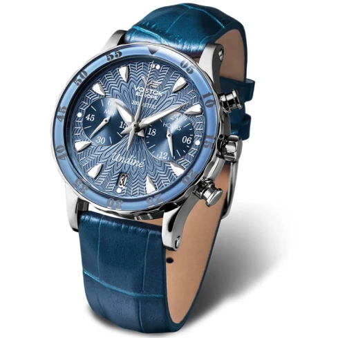 Дамски ръчен часовник с кварцов механизъм - корпус от Стомана - Естествена кожа - цвят Син Син