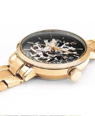 Дамски ръчен часовник с автоматичен механизъм - корпус от Стомана - Стоманена верижка - цвят Скелетон Злато