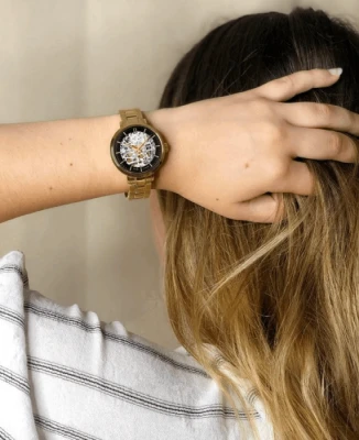 Дамски ръчен часовник с автоматичен механизъм - корпус от Стомана - Стоманена верижка - цвят Скелетон Злато