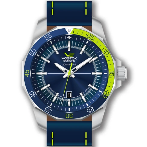 Мъжки ръчен часовник с автоматичен механизъм - корпус от Стомана - Естествена кожа - цвят Син Жълт