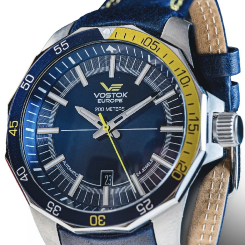 Мъжки ръчен часовник с автоматичен механизъм - корпус от Стомана - Естествена кожа - цвят Син Жълт