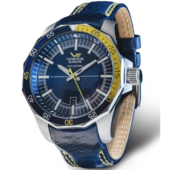 Мъжки ръчен часовник с автоматичен механизъм - корпус от Стомана - Естествена кожа - цвят Син Жълт