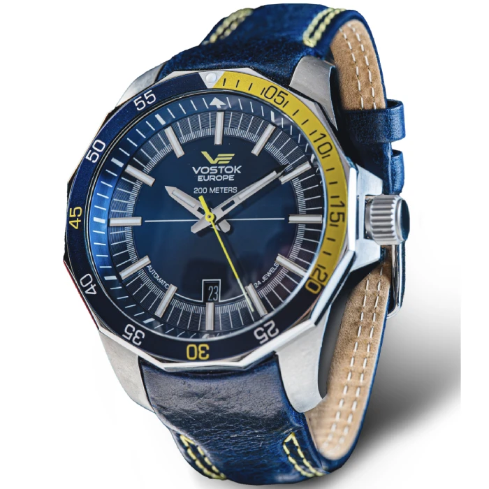 Мъжки ръчен часовник с автоматичен механизъм - корпус от Стомана - Естествена кожа - цвят Син Жълт