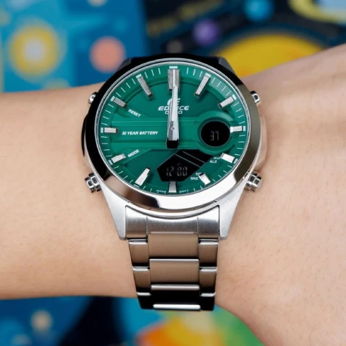 Мъжки ръчен часовник с кварцов механизъм - корпус от Стомана - Стоманена верижка - цвят Зелен Сив