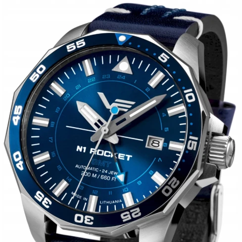 Мъжки ръчен часовник с автоматичен механизъм - корпус от Стомана - Естествена кожа - цвят Син Син