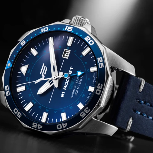 Мъжки ръчен часовник с автоматичен механизъм - корпус от Стомана - Естествена кожа - цвят Син Син