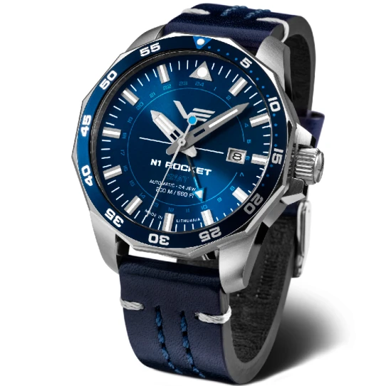 Мъжки ръчен часовник с автоматичен механизъм - корпус от Стомана - Естествена кожа - цвят Син Син