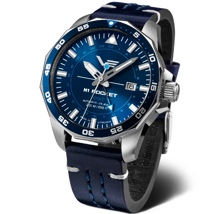 Мъжки ръчен часовник с автоматичен механизъм - корпус от Стомана - Естествена кожа - цвят Син Син