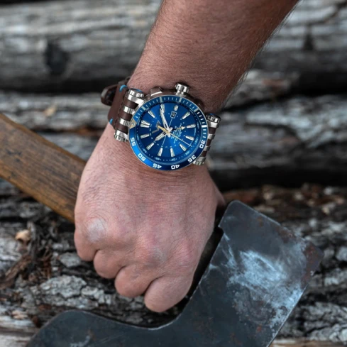 Мъжки ръчен часовник с автоматичен механизъм - корпус от Стомана - Естествена кожа - цвят Син