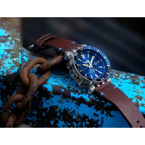 Мъжки ръчен часовник с автоматичен механизъм - корпус от Стомана - Естествена кожа - цвят Син