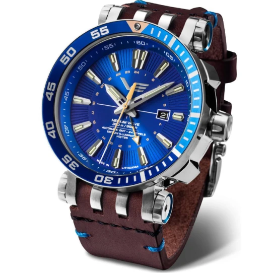 Мъжки ръчен часовник с автоматичен механизъм - корпус от Стомана - Естествена кожа - цвят Син