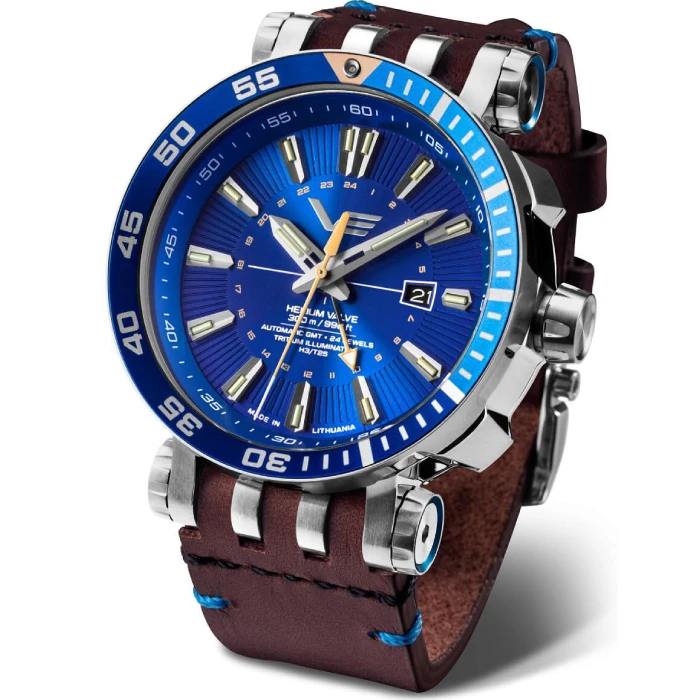 Мъжки ръчен часовник с автоматичен механизъм - корпус от Стомана - Естествена кожа - цвят Син