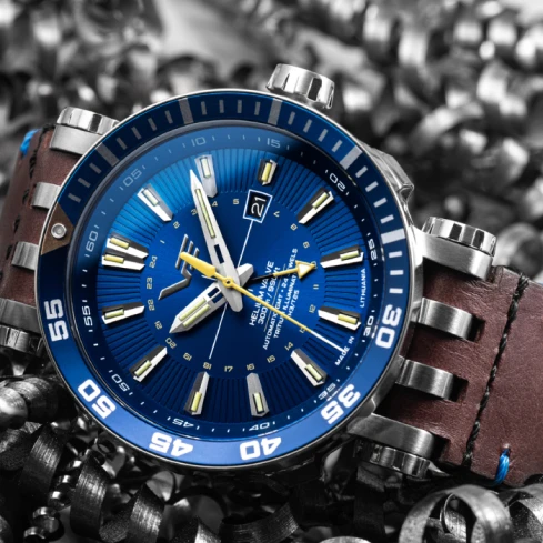 Мъжки ръчен часовник с автоматичен механизъм - корпус от Стомана - Естествена кожа - цвят Син