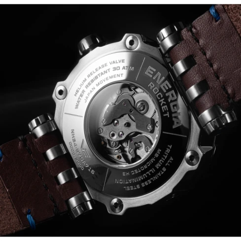 Мъжки ръчен часовник с автоматичен механизъм - корпус от Стомана - Естествена кожа - цвят Син