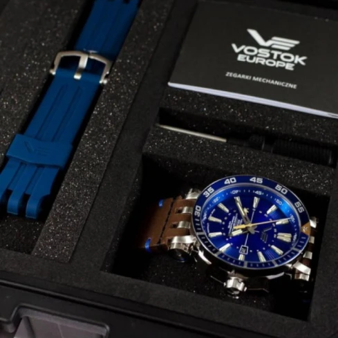 Мъжки ръчен часовник с автоматичен механизъм - корпус от Стомана - Естествена кожа - цвят Син