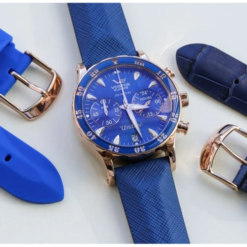 Дамски ръчен часовник с кварцов механизъм - корпус от Стомана - Естествена кожа - цвят Син Син