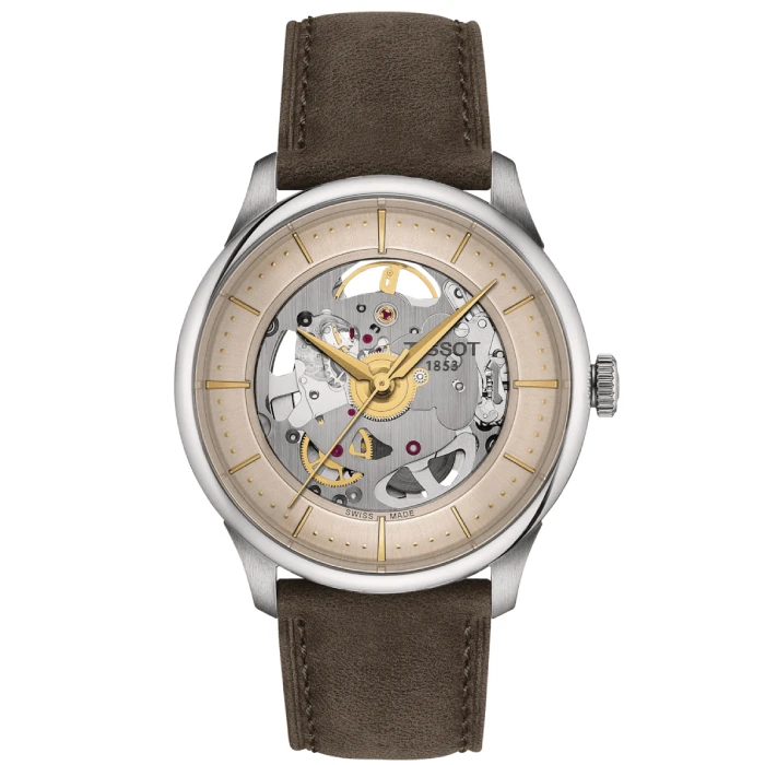 Мъжки ръчен часовник с автоматичен механизъм - корпус от Стомана - Естествена кожа - цвят Скелетон Кафяв