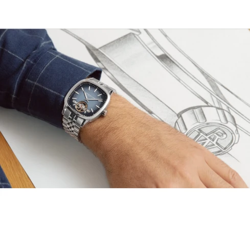 Мъжки ръчен часовник с автоматичен механизъм - корпус от Стомана - Стоманена верижка - цвят Син