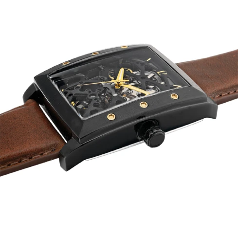 Мъжки ръчен часовник с автоматичен механизъм - корпус от Стомана - Естествена кожа - цвят Скелетон Кафяв