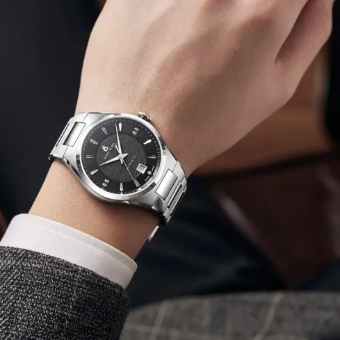 Мъжки ръчен часовник с автоматичен механизъм - корпус от Стомана - Стоманена верижка - цвят Черен Сив