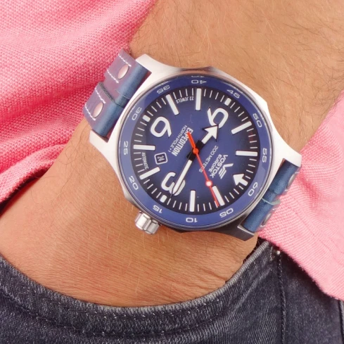 Мъжки ръчен часовник с автоматичен механизъм - корпус от Стомана - Естествена кожа - цвят Син Син