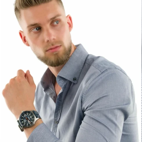 Мъжки ръчен часовник с автоматичен механизъм - корпус от Стомана - Естествена кожа - цвят Син Син