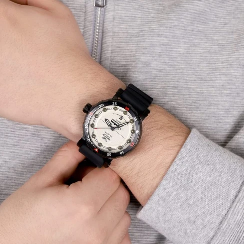 Мъжки ръчен часовник с автоматичен механизъм - корпус от Стомана - Естествена кожа - цвят Бежов Черен