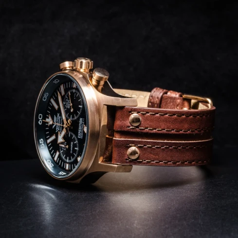 Мъжки ръчен часовник с кварцов механизъм - корпус от Стомана - Естествена кожа - цвят Син Кафяв