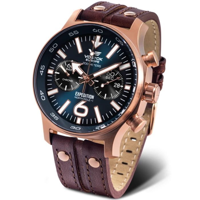 Мъжки ръчен часовник с кварцов механизъм - корпус от Стомана - Естествена кожа - цвят Син Кафяв