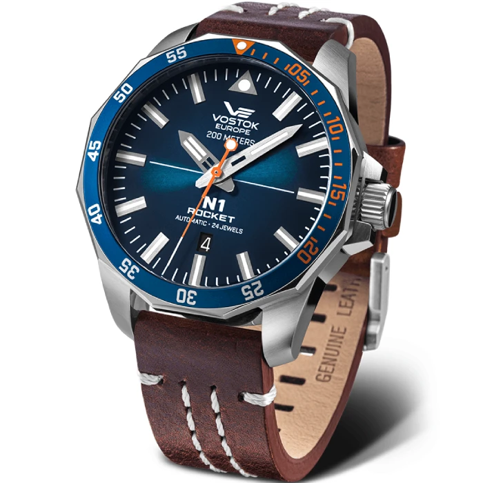 Мъжки ръчен часовник с автоматичен механизъм - корпус от Стомана - Естествена кожа - цвят Син