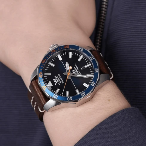 Мъжки ръчен часовник с автоматичен механизъм - корпус от Стомана - Естествена кожа - цвят Син