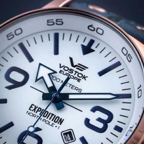 Мъжки ръчен часовник с автоматичен механизъм - корпус от Стомана - Естествена кожа - цвят Бял Син