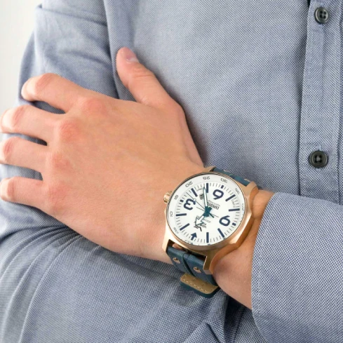 Мъжки ръчен часовник с автоматичен механизъм - корпус от Стомана - Естествена кожа - цвят Бял Син