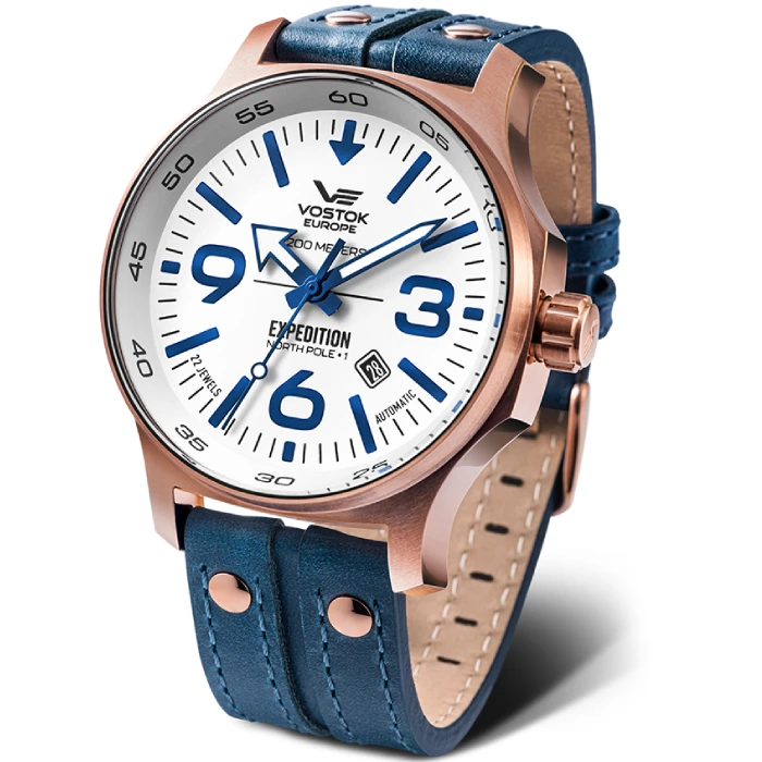 Мъжки ръчен часовник с автоматичен механизъм - корпус от Стомана - Естествена кожа - цвят Бял Син