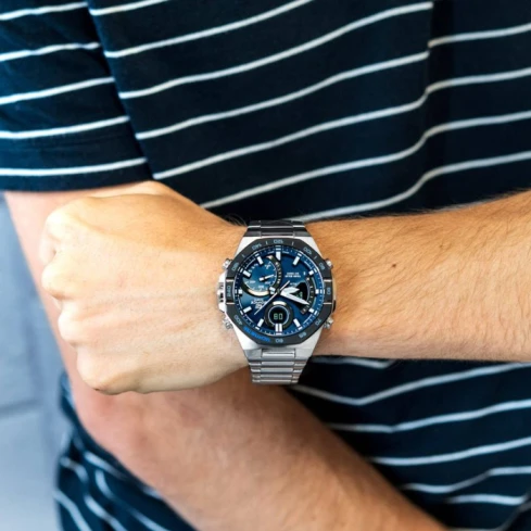 Мъжки ръчен часовник с кварцов механизъм - корпус от Стомана - Стоманена верижка - цвят Син Сив