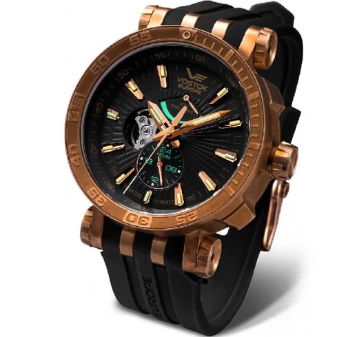 Мъжки ръчен часовник с автоматичен механизъм - корпус от Бронз - Естествена кожа - цвят Черен Кафяв