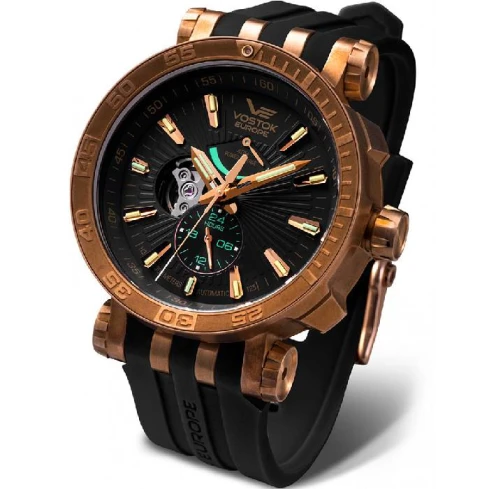 Мъжки ръчен часовник с автоматичен механизъм - корпус от Бронз - Естествена кожа - цвят Черен Кафяв