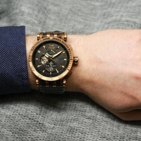 Мъжки ръчен часовник с автоматичен механизъм - корпус от Бронз - Естествена кожа - цвят Черен Кафяв