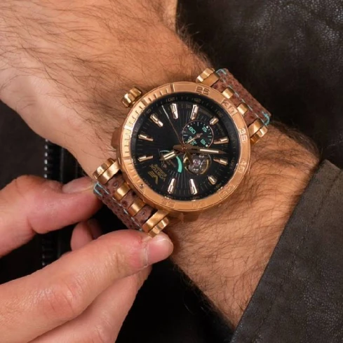 Мъжки ръчен часовник с автоматичен механизъм - корпус от Бронз - Естествена кожа - цвят Черен Кафяв