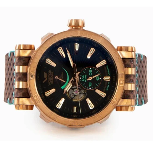 Мъжки ръчен часовник с автоматичен механизъм - корпус от Бронз - Естествена кожа - цвят Черен Кафяв