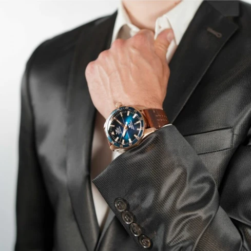 Мъжки ръчен часовник с автоматичен механизъм - корпус от Стомана - Естествена кожа - цвят Син