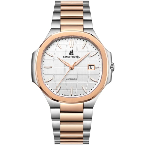 Ernest Borel N0404G0A-MN2N Retro - Мъжки ръчен часовник с автоматичен механизъм - корпус от Стомана - Стоманена верижка - цвят Бял Розово Злато